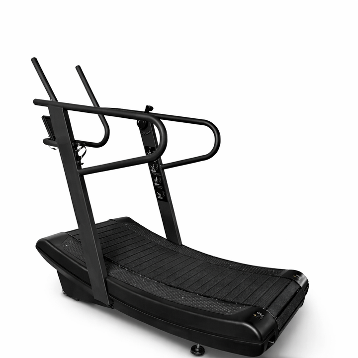 Echo Kodiak Echo Commercial Curved Treadmill 02001, black and curved with side handles, shown on a white background.