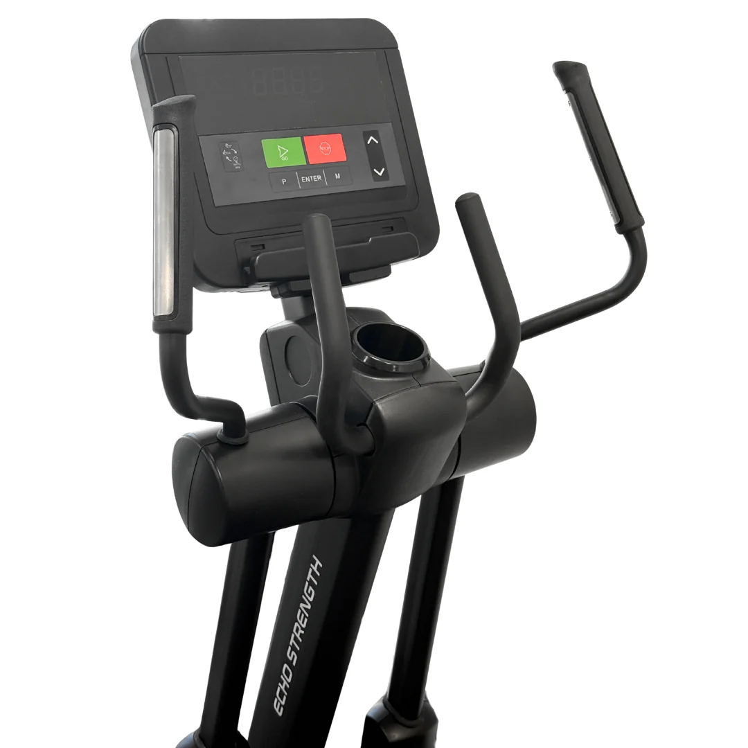 Close-up of the Echo Kodiak Echo Elliptical Machine 02004 console with display, buttons, and handlebars for cardio.