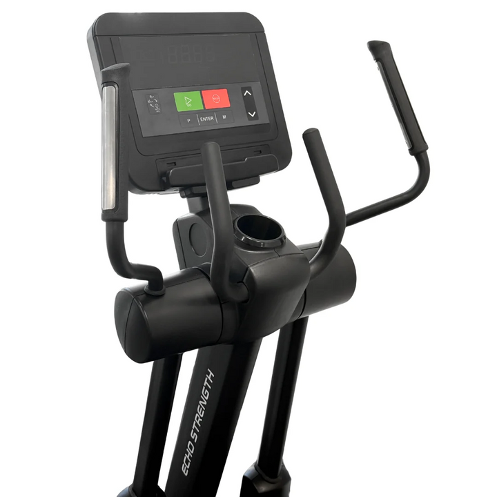 Close-up of the Echo Kodiak Echo Elliptical Machine 02004 console with display, buttons, and handlebars for cardio.