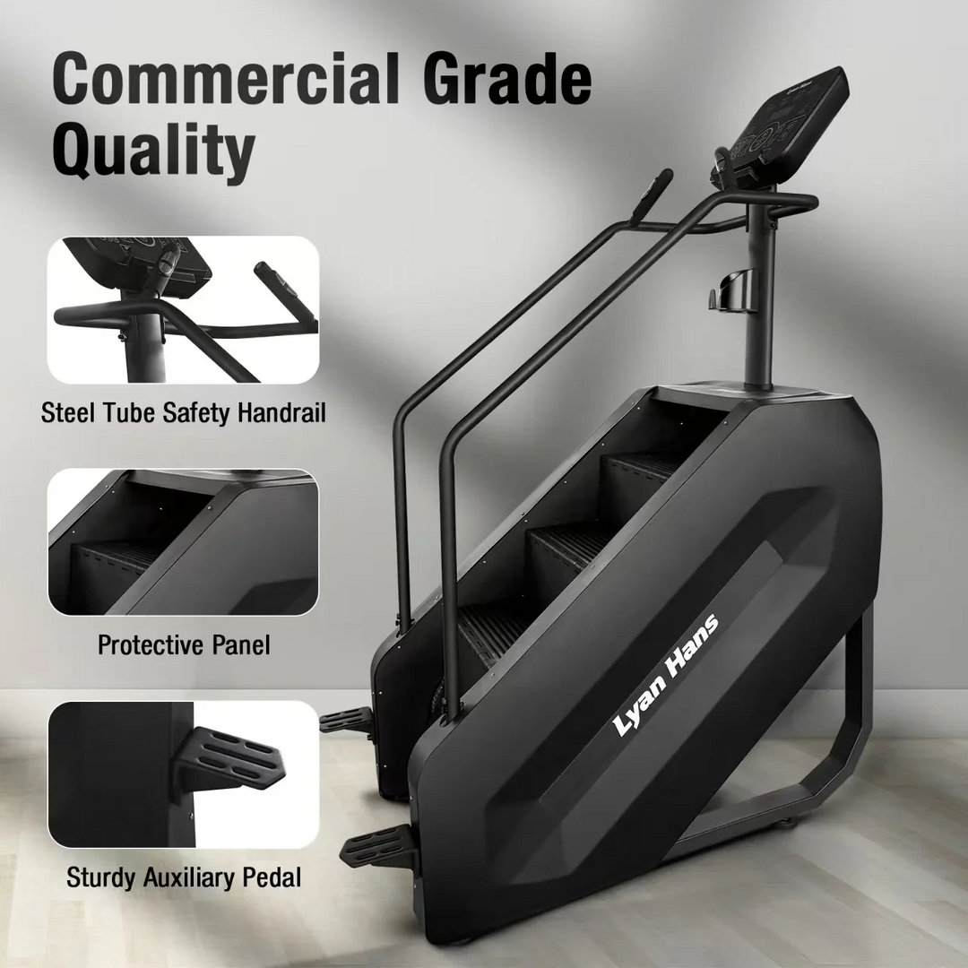 Echo Lyan Hans Home &amp; Residential Stair Master Climber: gym-quality, safety handrail, panel, and aux pedal.