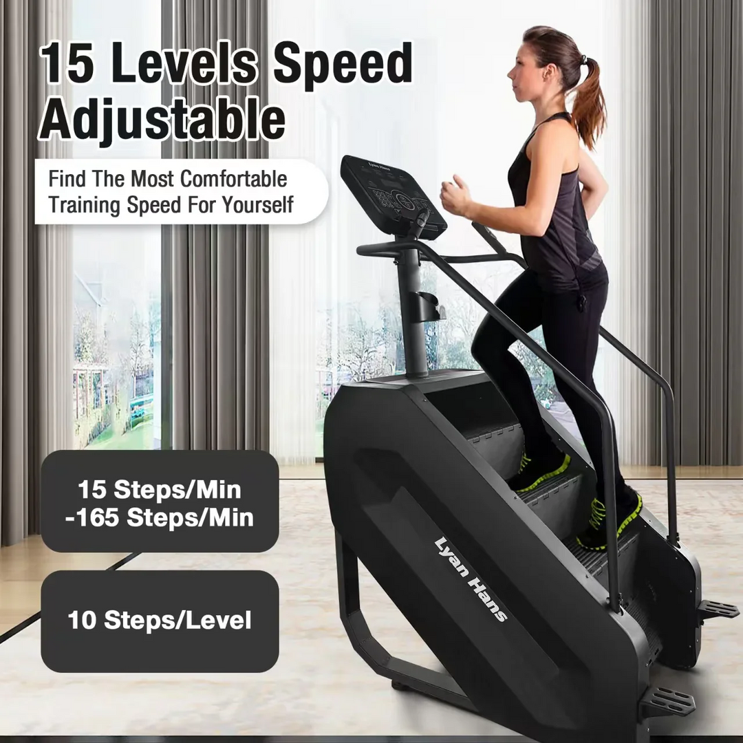 Woman using the Echo Lyan Hans Stair Master Climber indoors, with 15 speed levels shown on the display.