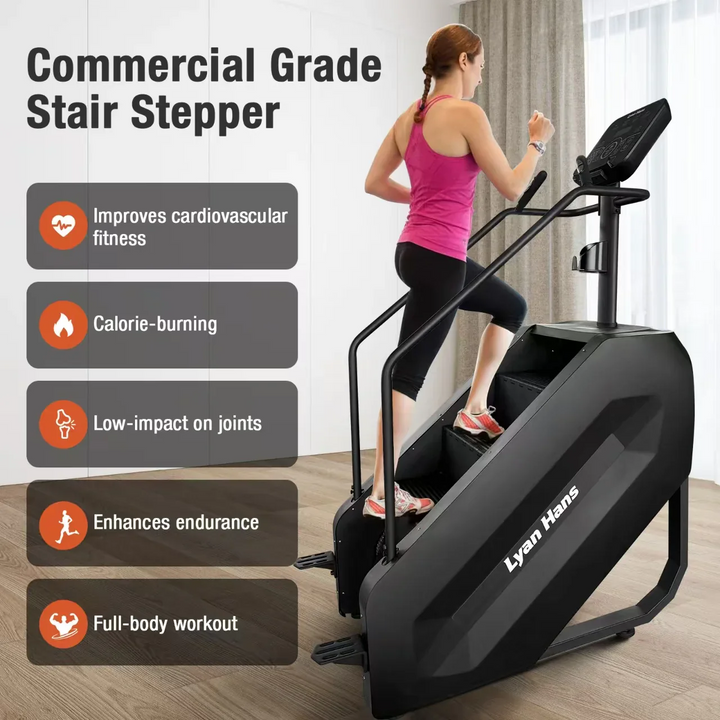 Woman on Echo’s Lyan Hans Stair Master Climber; boosts cardio, burns calories, and is gentle on joints.