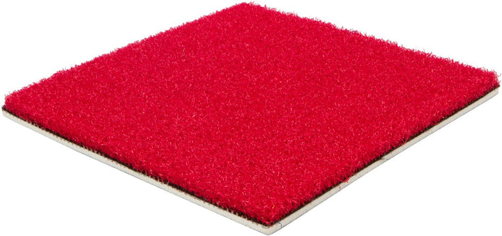 A square sample of Collegiate Sports Turf by Athletic Textiles in bright red on a white background.