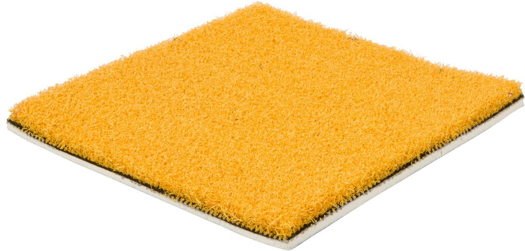 Collegiate Sports Turf by Athletic Textiles: bright yellow square turf sample with backing, displayed on white background.