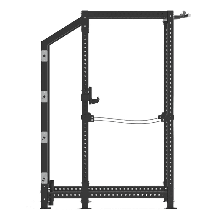 The Echo Kodiak Echo Power Cage Rack 32003, a black metal rack with adjustable attachments, ideal for home gyms.