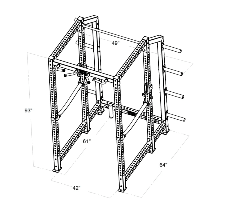 Echo Kodiak Echo Power Cage Rack 32003 line drawing with labeled dimensions: 93"H x 49"W x 42/64"D, 61" inside width.