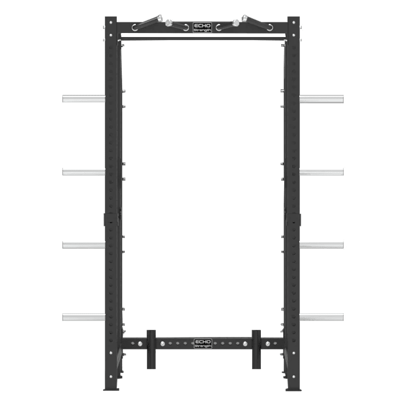 Echo Kodiak Echo Power Cage Rack 32003—front view, with weight storage and pull-up bar for home gym strength training.