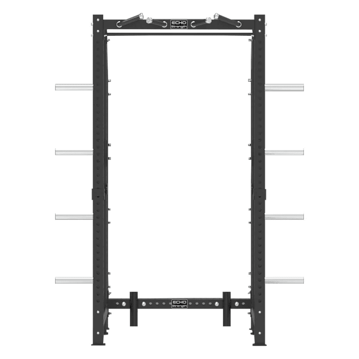 Echo Kodiak Echo Power Cage Rack 32003—front view, with weight storage and pull-up bar for home gym strength training.