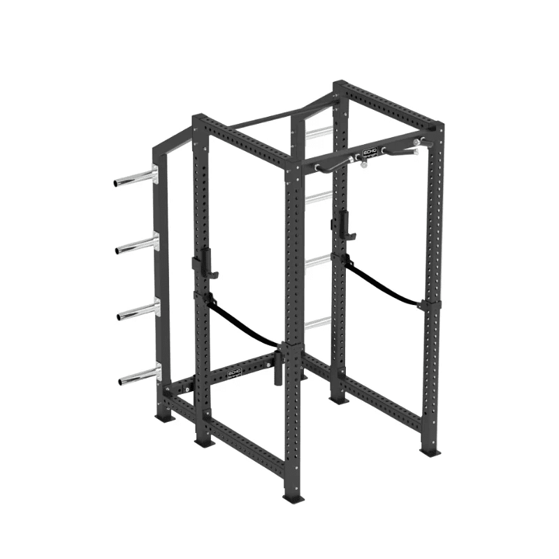 The Echo Kodiak Echo Power Cage Rack 32003 is a black metal rack with safety straps and 4 left-side weight pegs.
