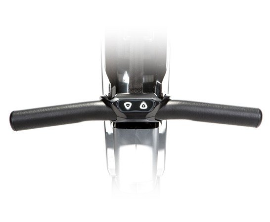 Top view of black handlebars with arrow buttons, like those on the BodyCraft Pro Air &amp; Magnetic VR500 Rower w Handle Control.