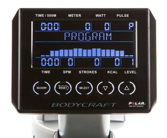 Close-up of the BodyCraft Pro Air &amp; Magnetic VR500 Rower display showing program data and multiple control buttons.